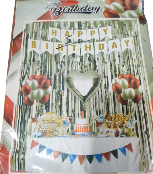 Silver Happy Birthday Party Decoration Set with (2 Curtain, 1 Happy Birthday Banner, 10 grey and 10 red baloon, 1 Heart foil balloon)