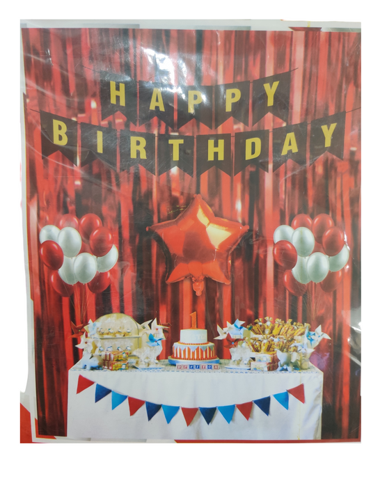 Red Happy Birthday Party Decoration Set with (2 Curtain, 1 Happy Birthday Banner, 10 grey and 10 red baloon, 1 Star foil balloon)