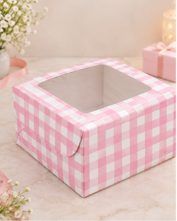 1 pound pink & white checks design window cake box  (size-8x8x4 inches)