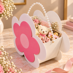 Pink & White Flower Shape Gift Box with Pearl Handle Pack of 12