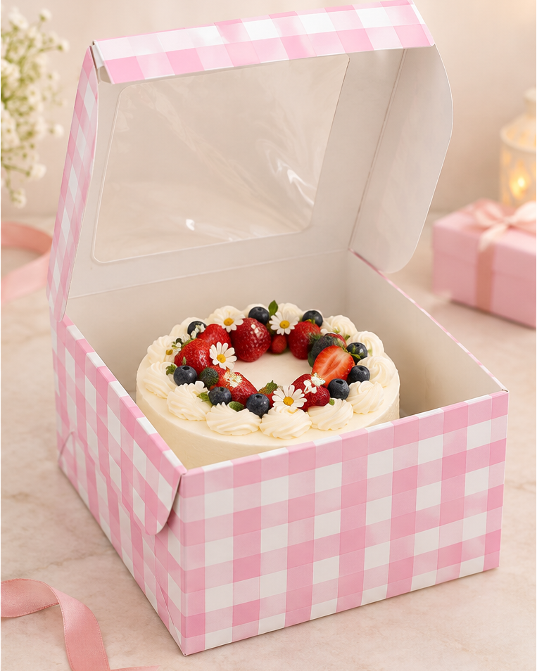 1 pound pink & white checks design window cake box  (size-8x8x4 inches)