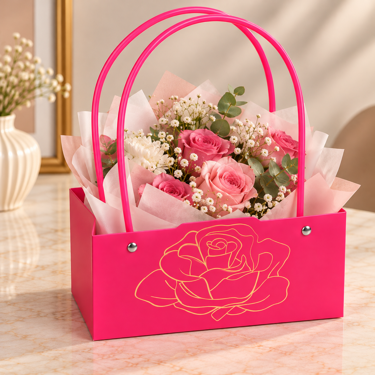 Pink Gift Bag with Golden Rose Design Pack of 10