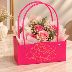Pink Gift Bag with Golden Rose Design Pack of 10