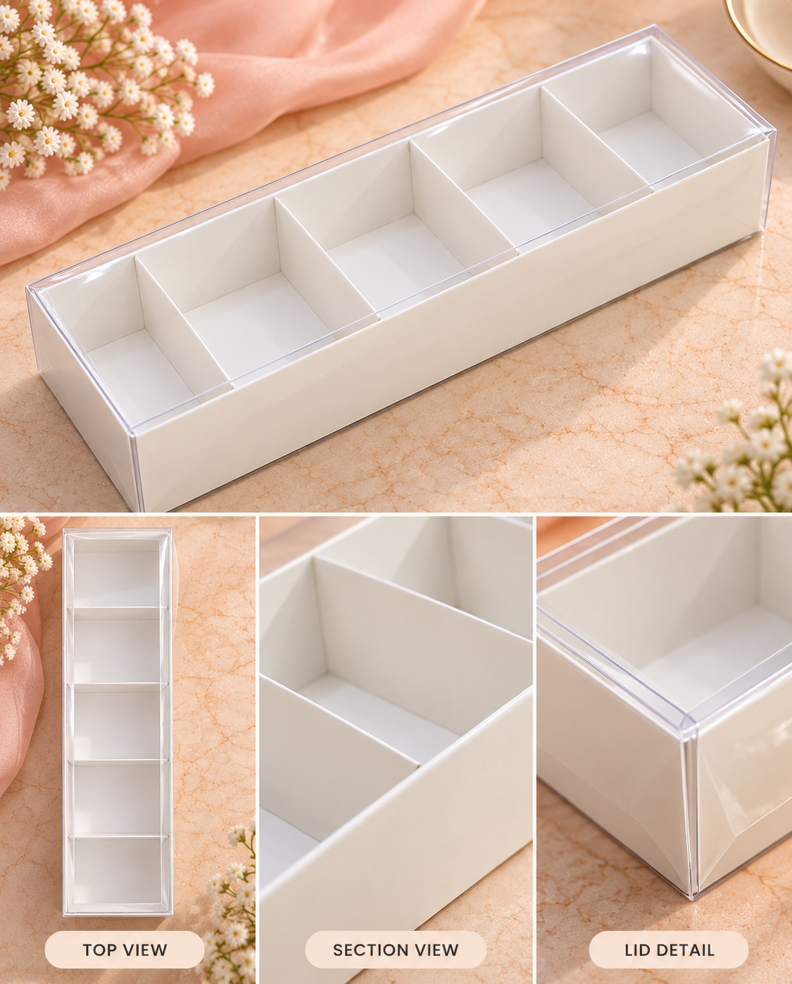 White 5 Cavity Gift Box with Transparent Lid Pack of 10 Size - 12x4x2.5 inch