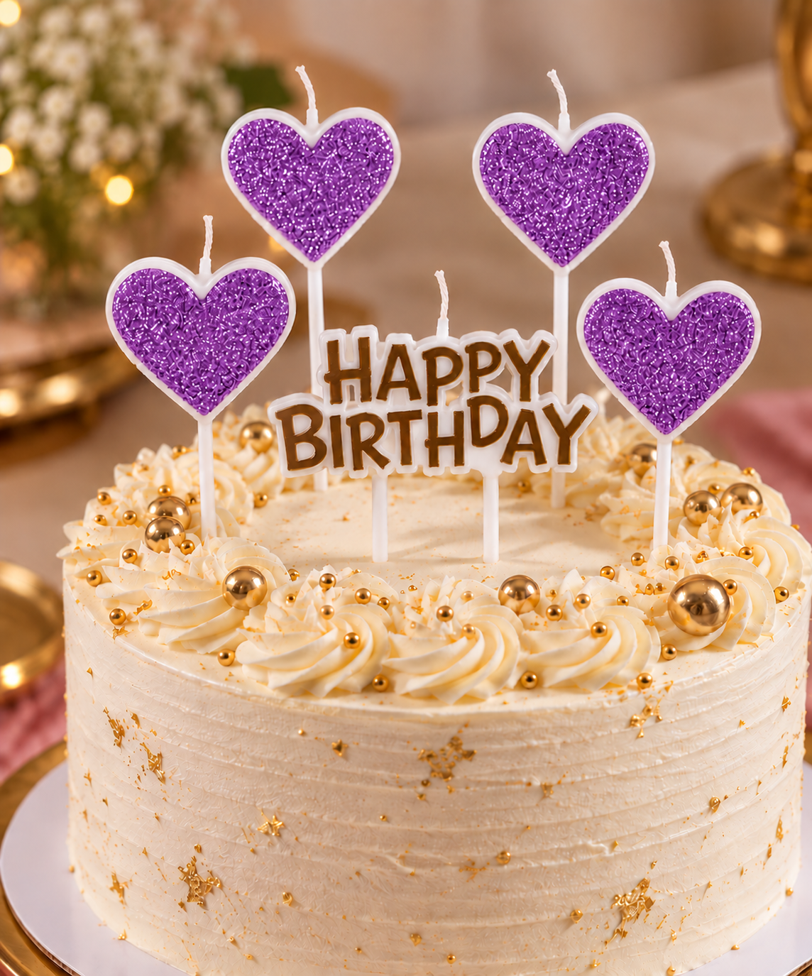 4 Purple Heart Shape Candle With Happy Birthday Cake Topper