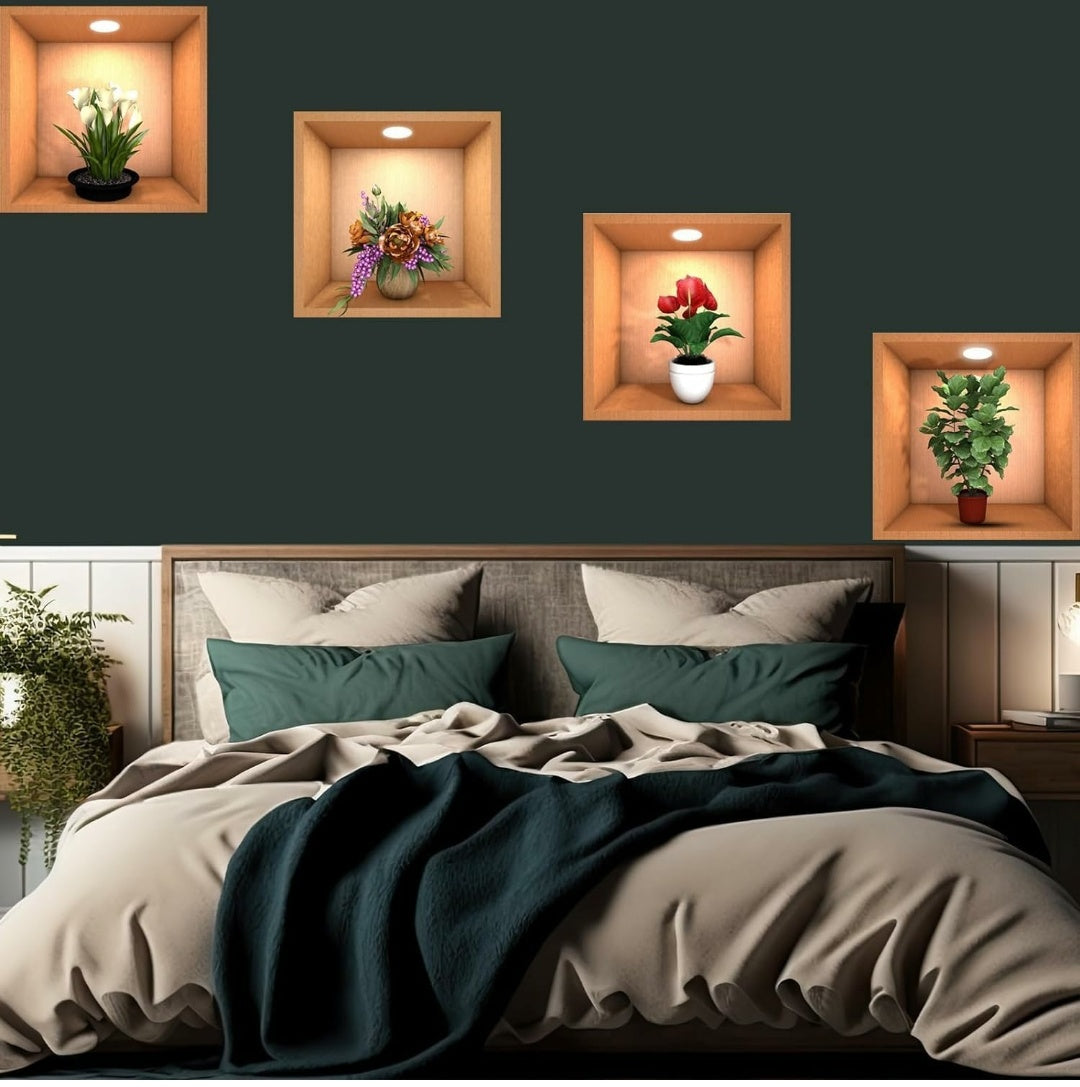 4 Pieces 3D Beautiful Decal Flower Pot Design Wall Sticker