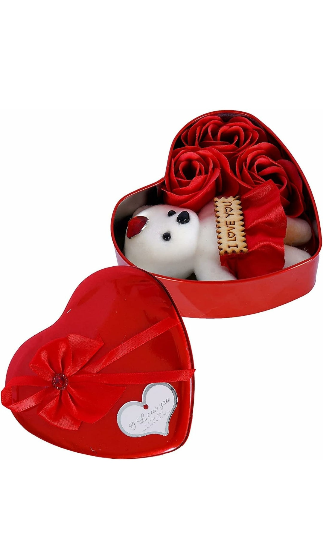 Heart Shape Box with Teddy and 3 Pcs Artificial Rose