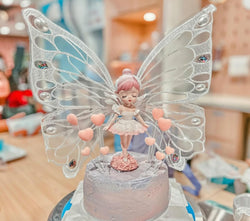 Ceramic Fairy Doll Cake Topper with Embroidered Butterfly Wings - blue and pink
