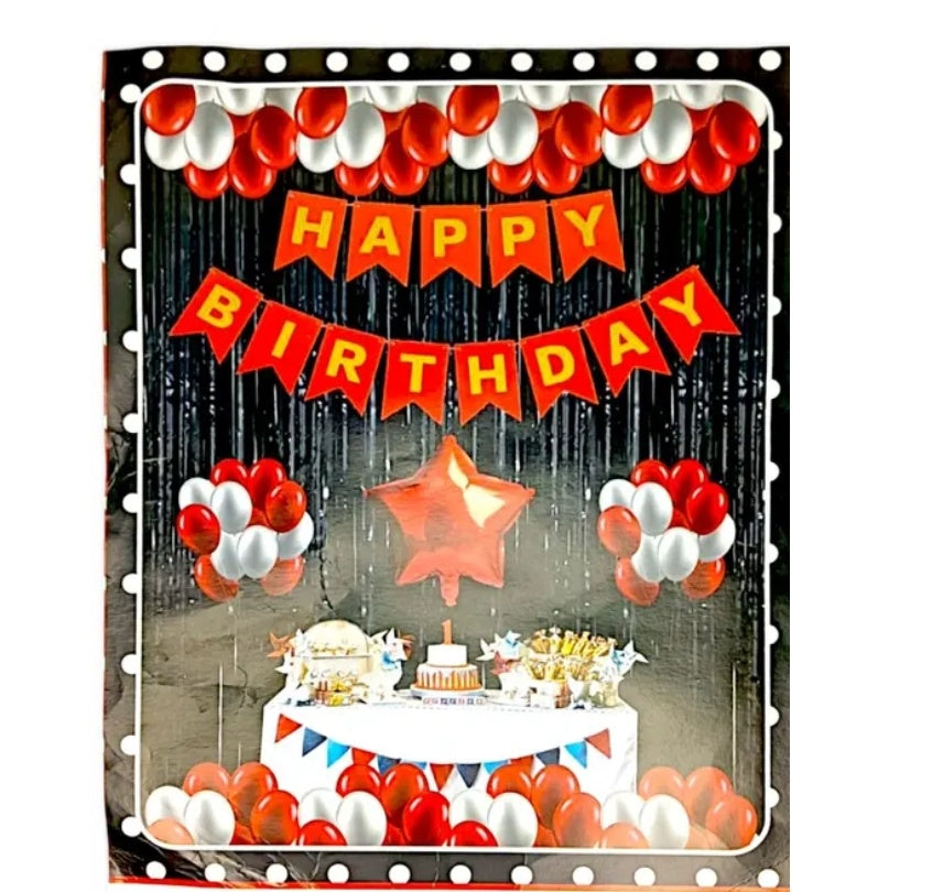 Red Happy Birthday Party Decoration Set with (1 Curtain, 1 Happy Birthday Banner, 5 grey and 5 red baloon, 1 star foil balloon)