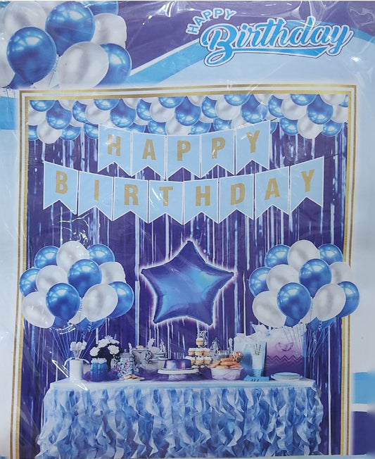 Blue Happy Birthday Party Decoration Set with (2 Curtain, 1 Happy Birthday Banner, 10 blue and 10 white baloon, 1 Star foil balloon)