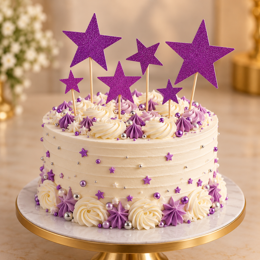 Purple Glitter Star Cake Topper Set For Cake Decoration