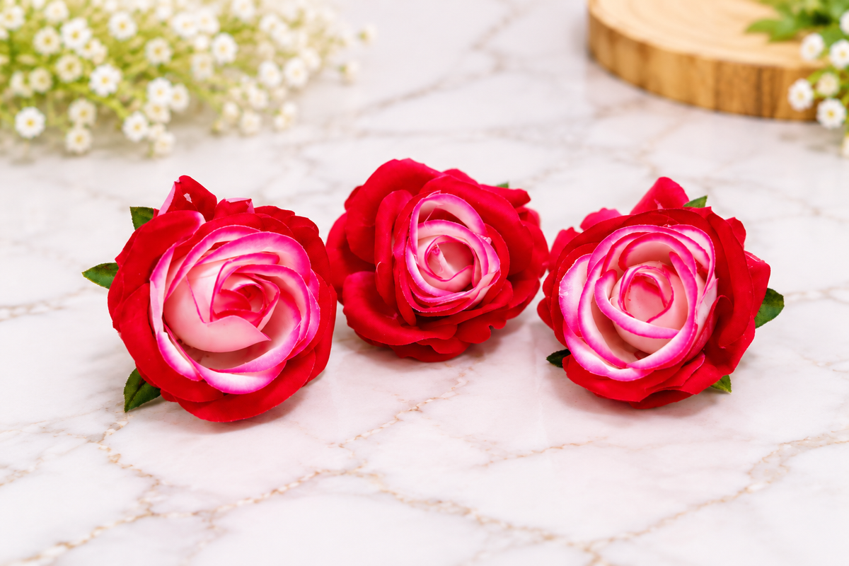 Red & Pink Artificial Rose Flower Set of 3 – 2 Inch