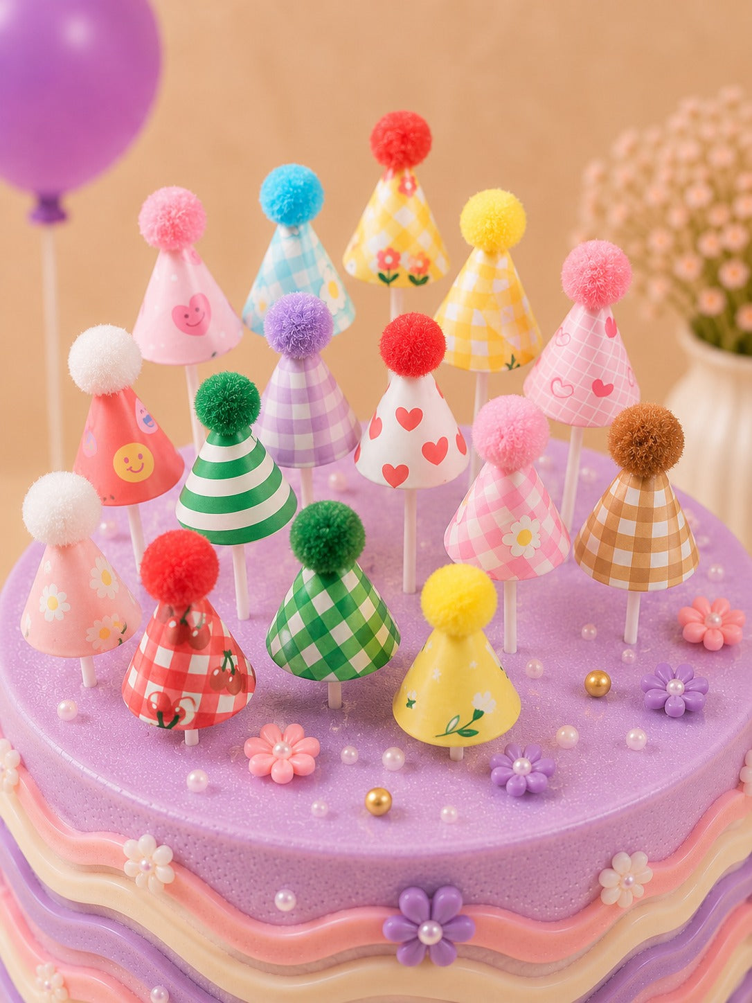 Pom Pom Birthday Hat Picks Topper