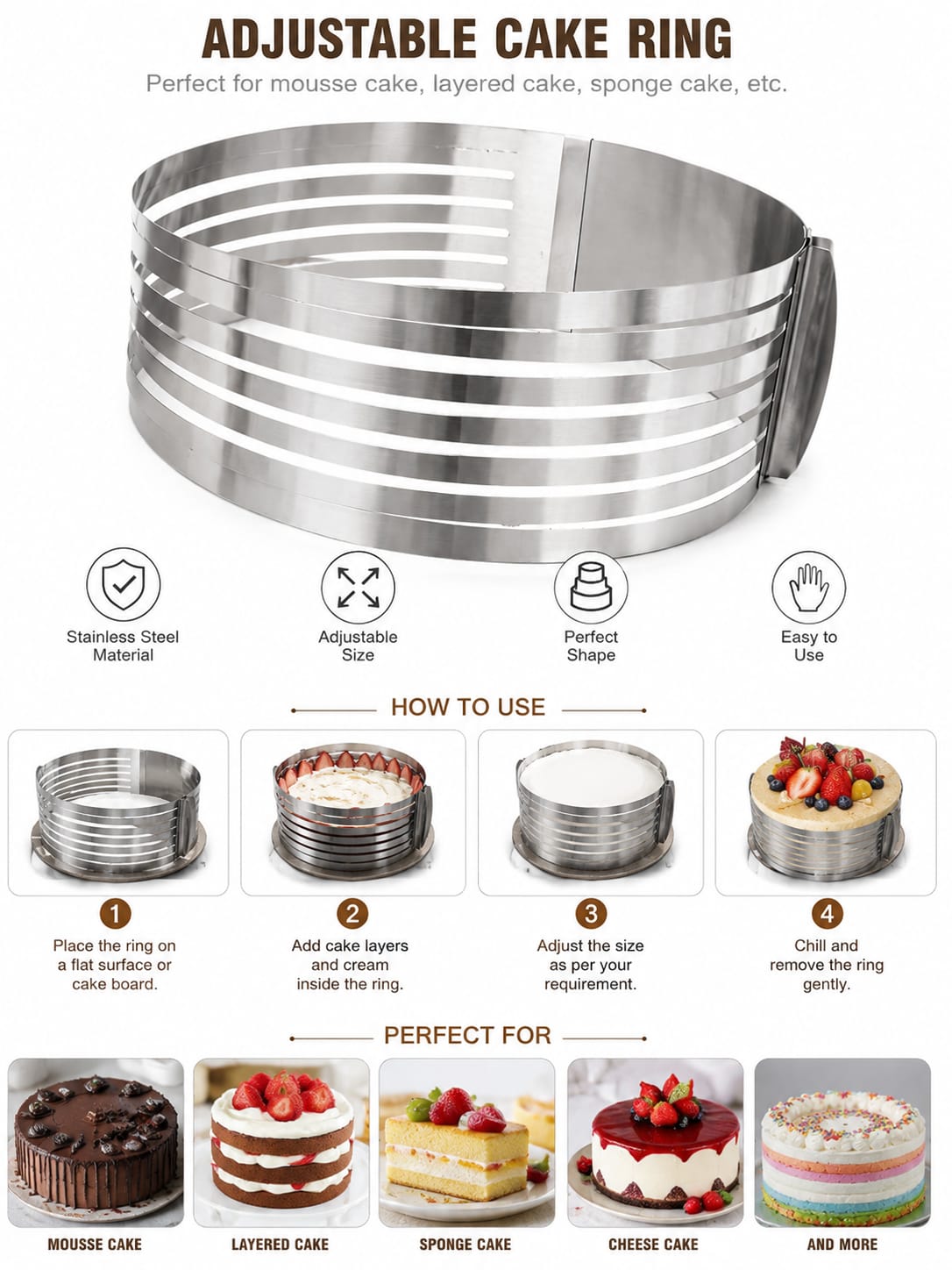 Stainless Steel Adjustable Cake Ring Mould for Cake Making 9 - 12 inch