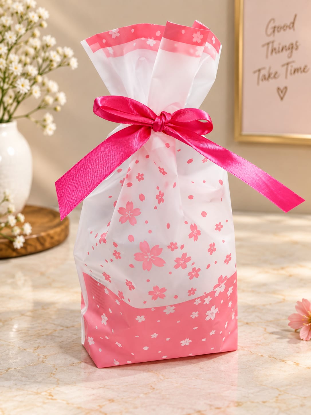 Ribbon pink flower potali pack of 10