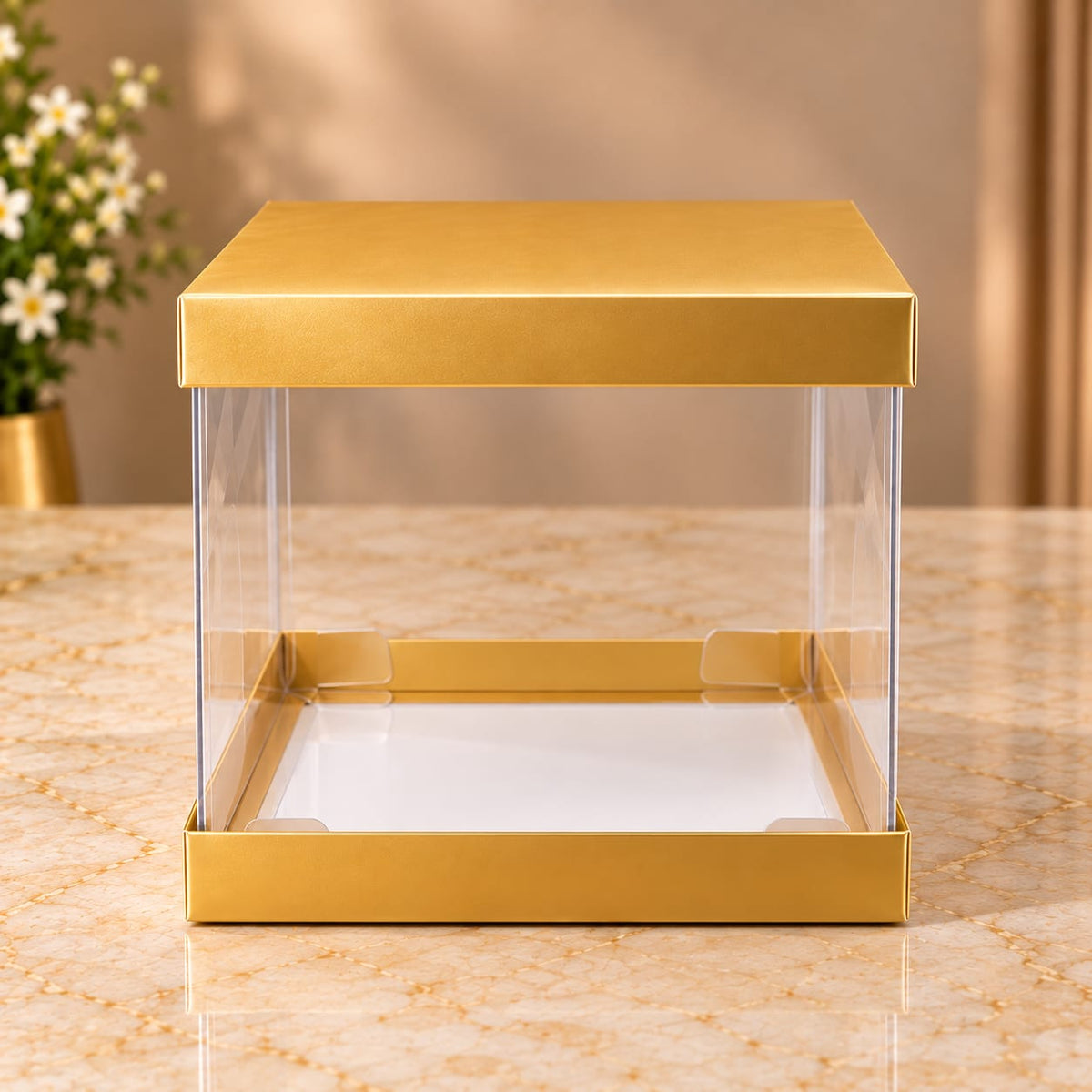 Transparent Golden Cake Box Size- 8*8*8 Inch