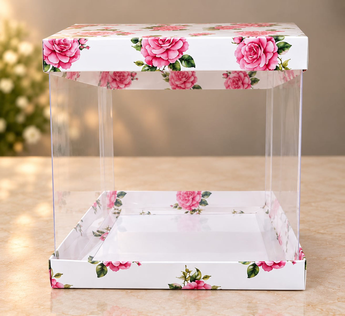 Transparent Floral Cake Box Size- 10*10*10 Inch