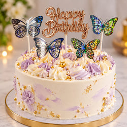Copper Happy Birthday Topper with 4 Holographic Butterfly Toppers