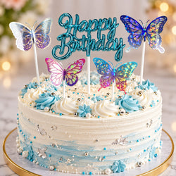 Blue Happy Birthday Topper with 4 Holographic Butterfly Toppers