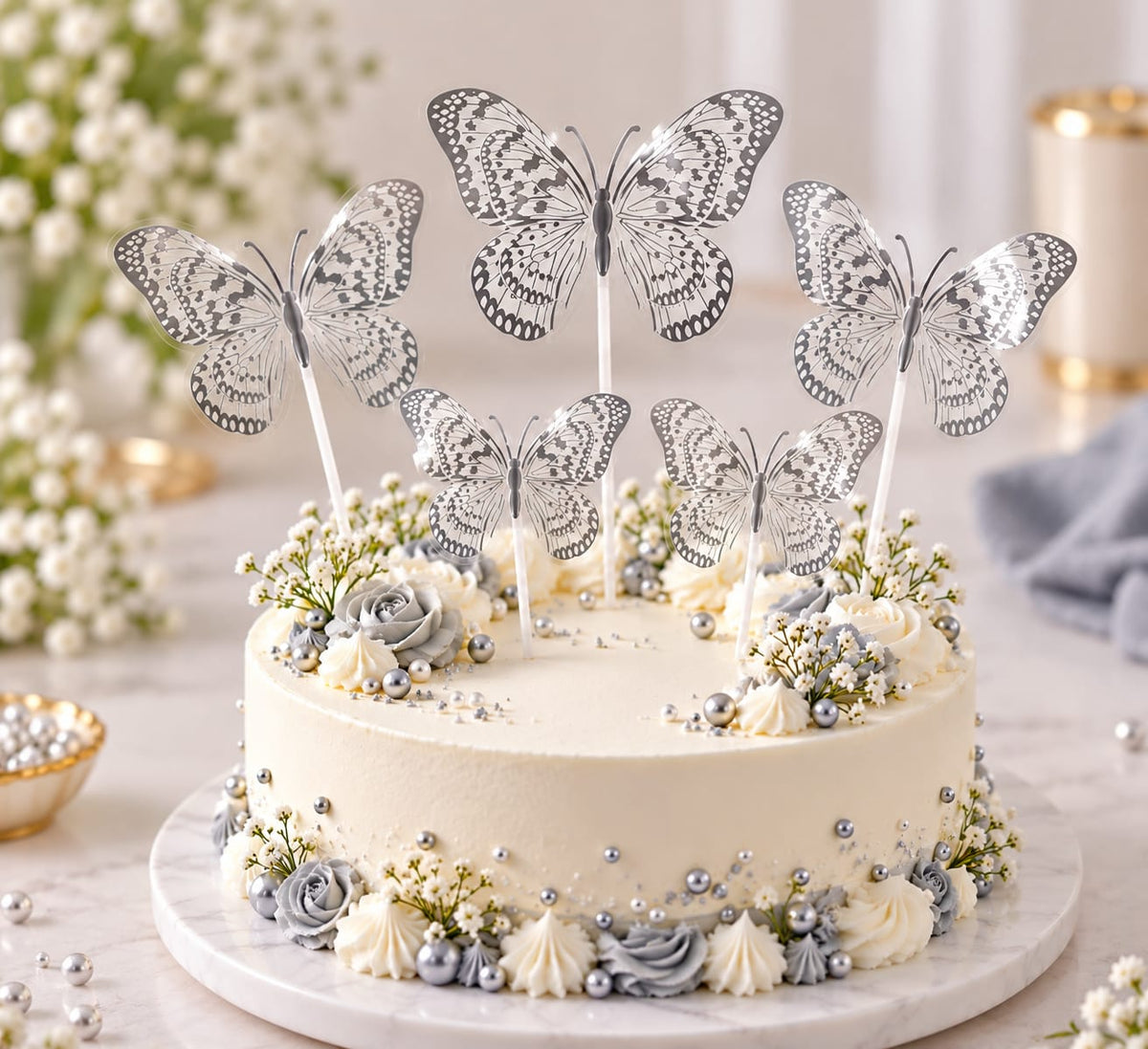 3D Silver Butterfly For Cake Decoration