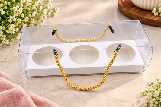 Transparent 3 Pc Jar Box with Golden Rope Handle Size-9*3*3 Inch Pack of 10