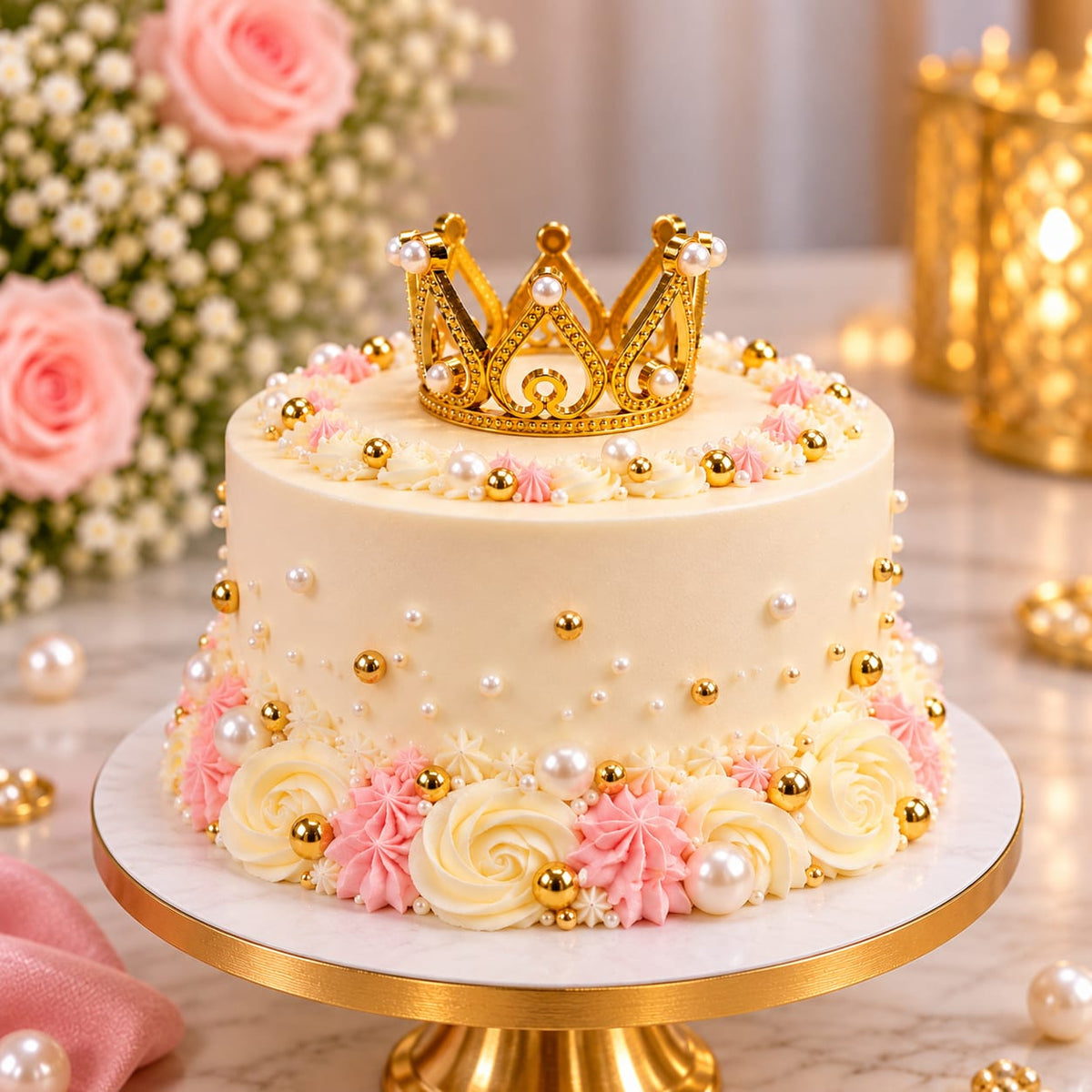 Golden Crown Cake Topper with Pearl