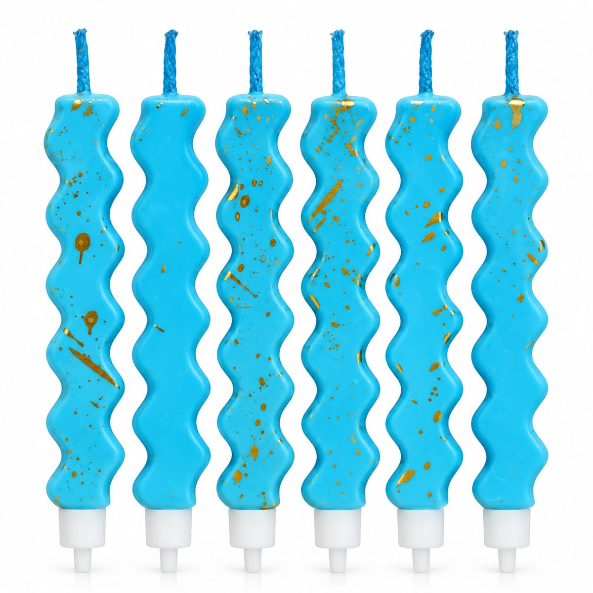 Blue With Gold Foil Wavy Candles with Holders Pack of 6