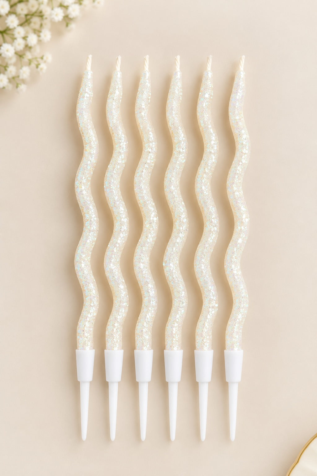 White Glitter twisty Candle Pack of 6