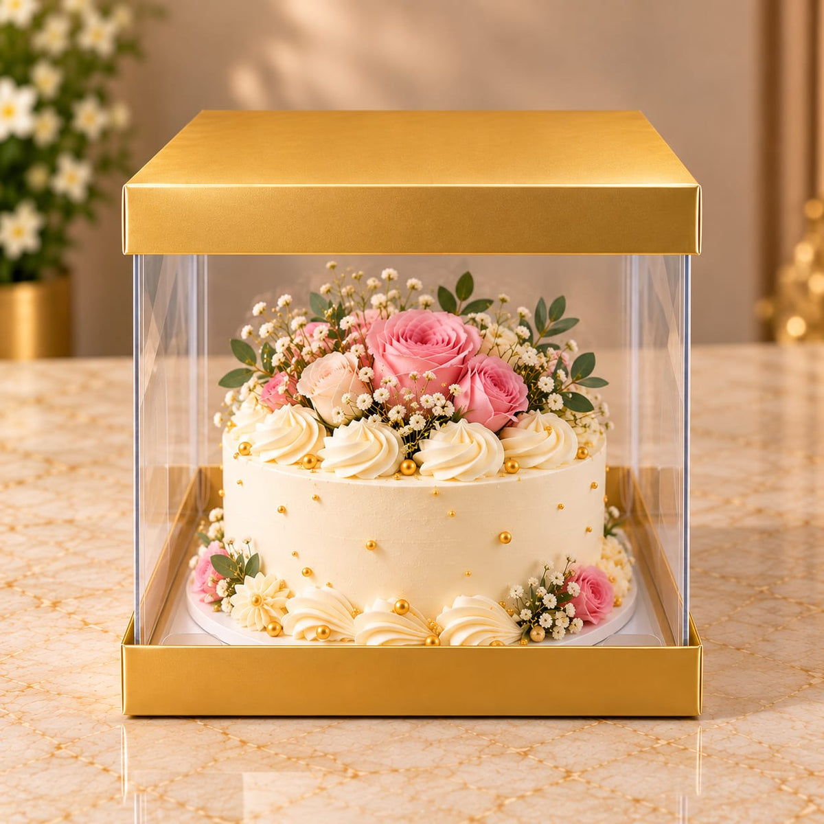 Transparent Golden Cake Box Size- 8*8*8 Inch