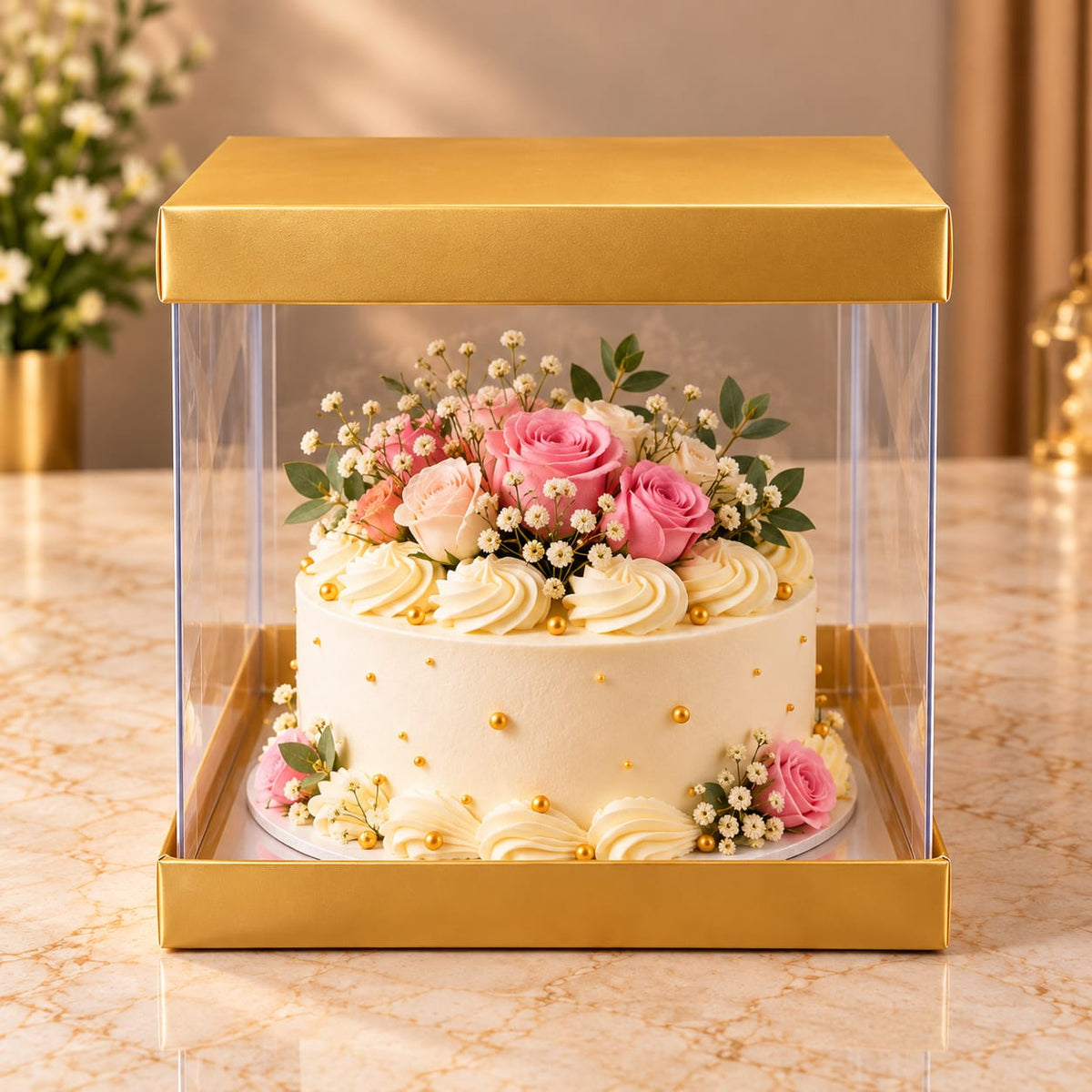 Transparent Golden Cake Box Size- 10*10*10 Inch