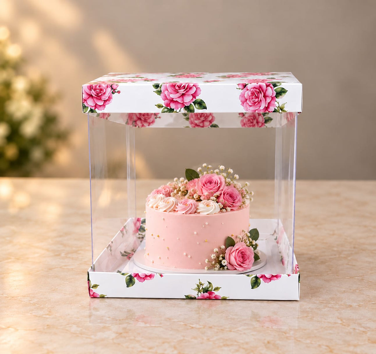 Transparent Floral Cake Box Size- 8*8*8 Inch