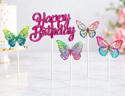 Pink Happy Birthday Topper with 4 Holographic Butterfly Toppers
