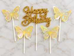 Golden Happy Birthday Topper with 4 Holographic Butterfly Toppers