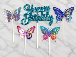 Blue Happy Birthday Topper with 4 Holographic Butterfly Toppers