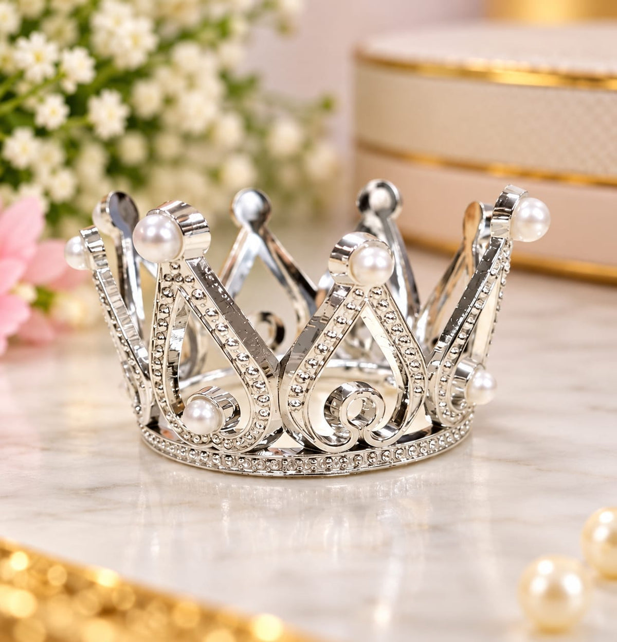 Silver Crown Cake Topper with Pearl
