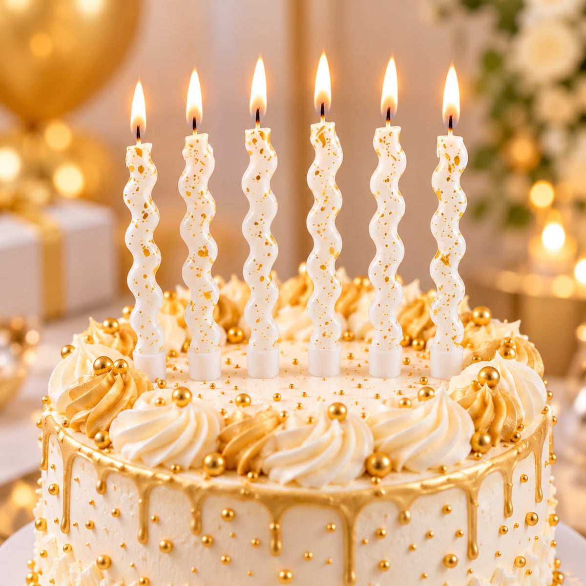 White With Gold Foil Wavy Candles with Holders Pack of 6
