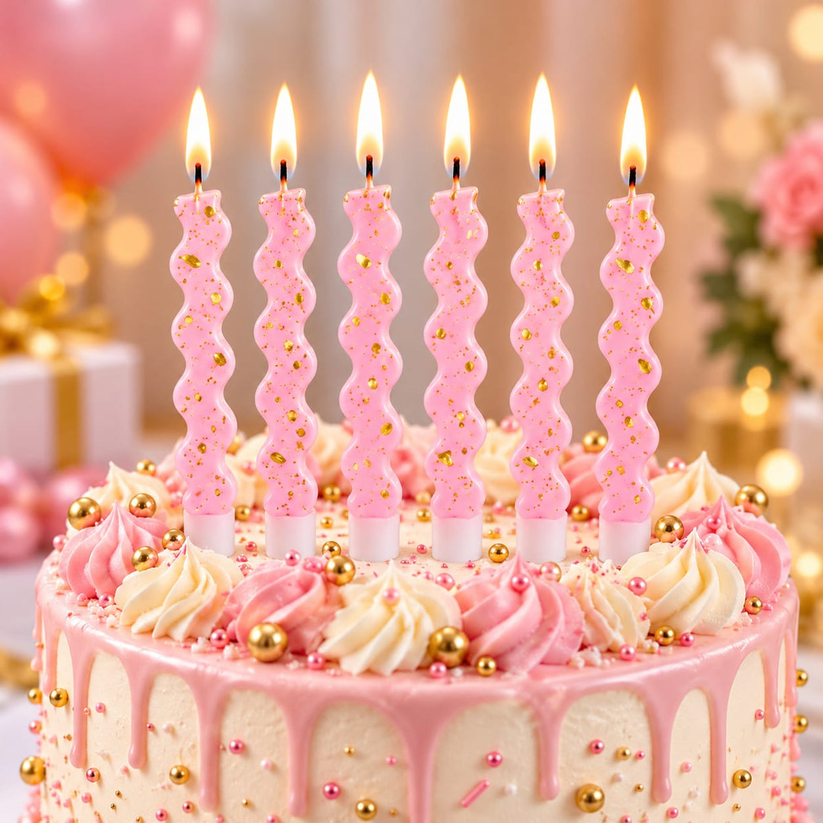 Pink With Gold Foil Wavy Candles with Holders Pack of 6
