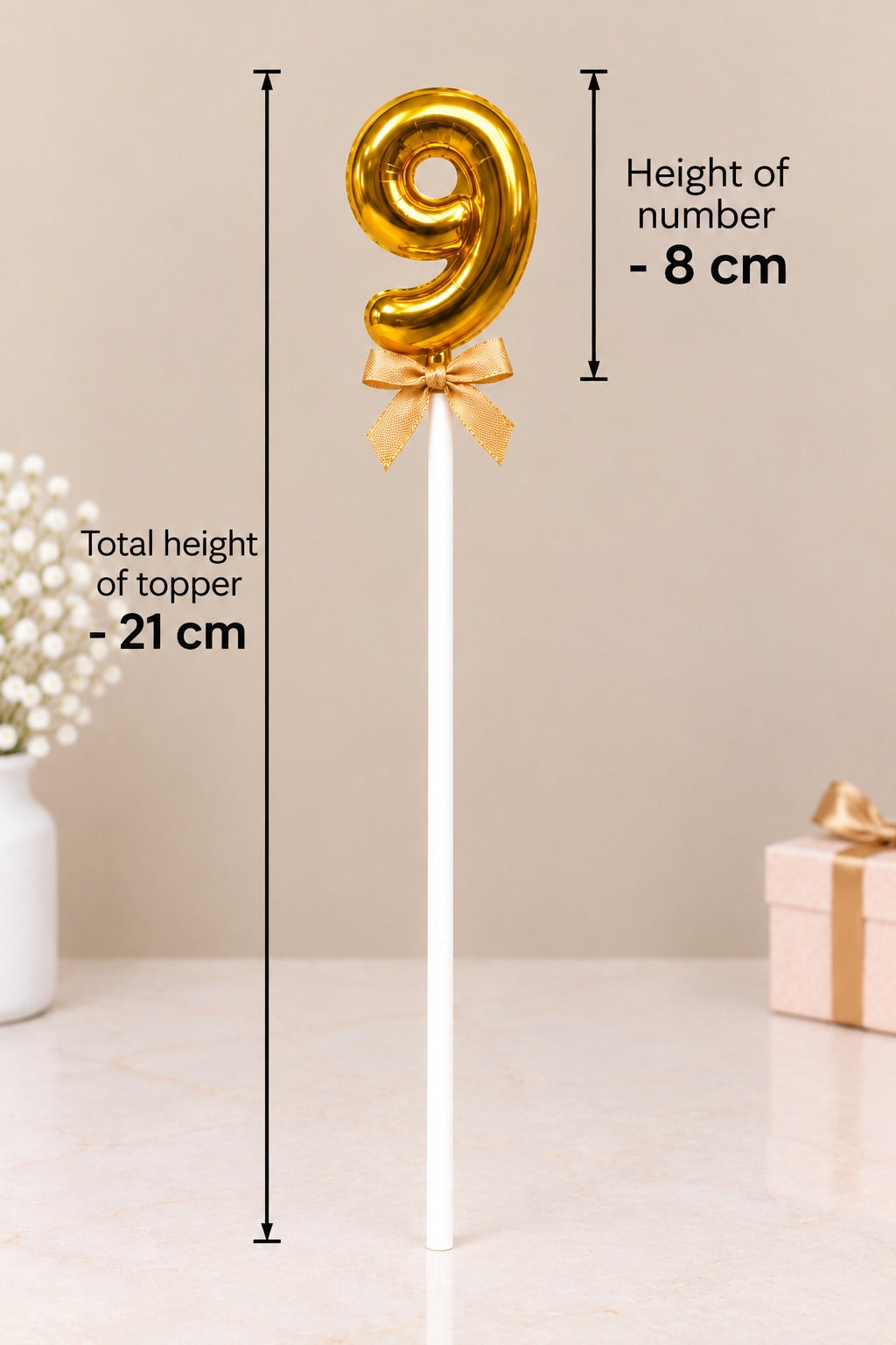 Premium 9 Number Topper With Bow Size 21cm