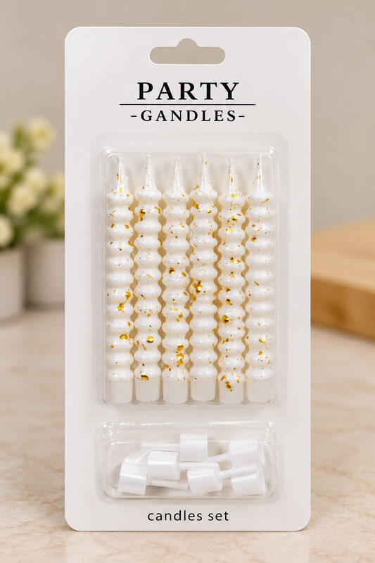 White Spiral Birthday Candles with Gold Foi Pack Of 6
