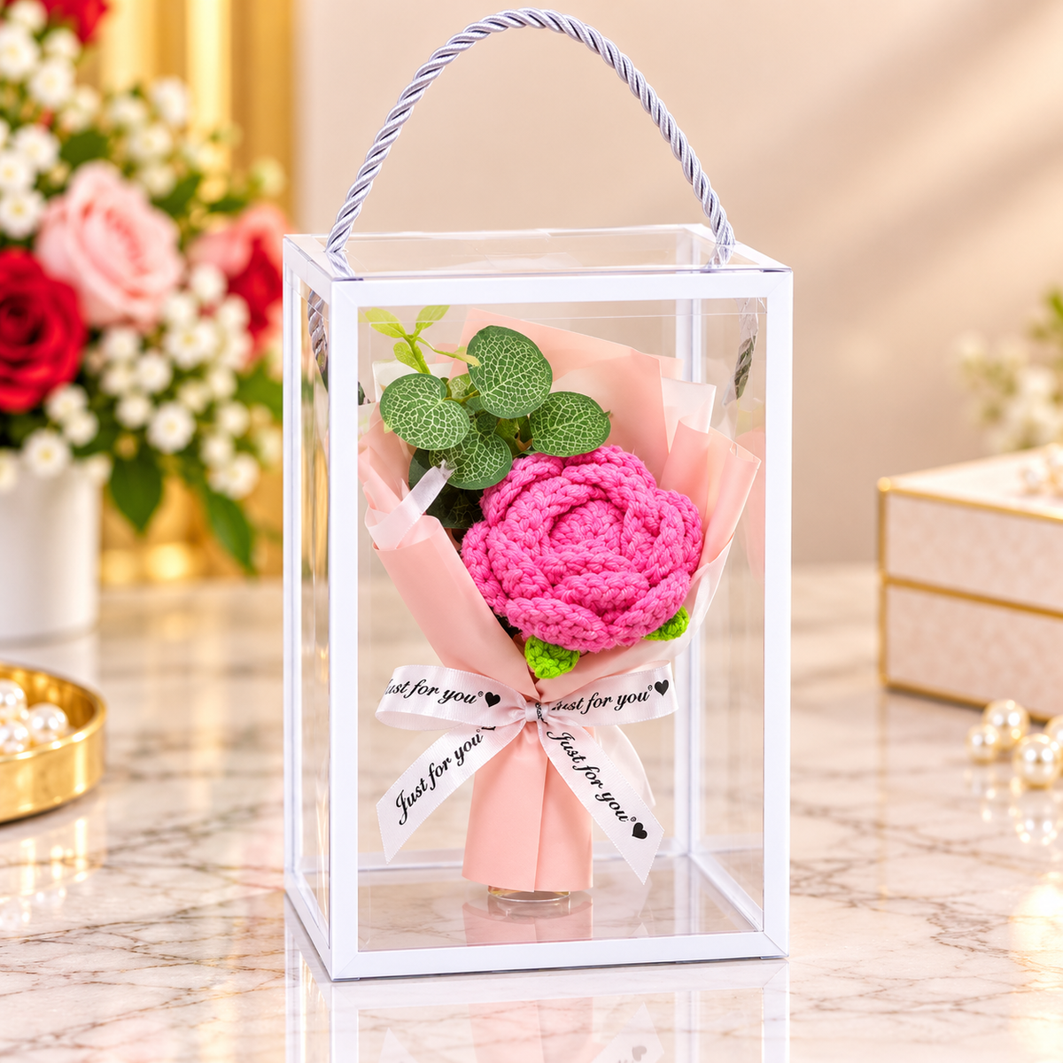 Handmade Crochet Pink Rose Bouquet Gift Box