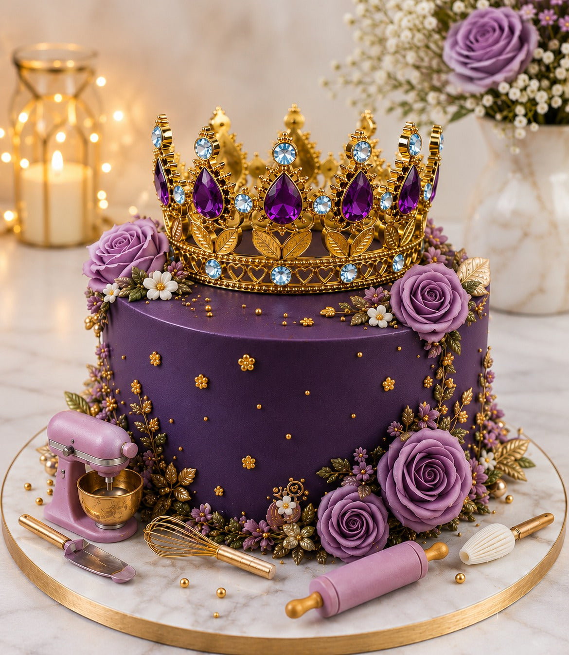 Golden crystal crown purple diamond cake topper