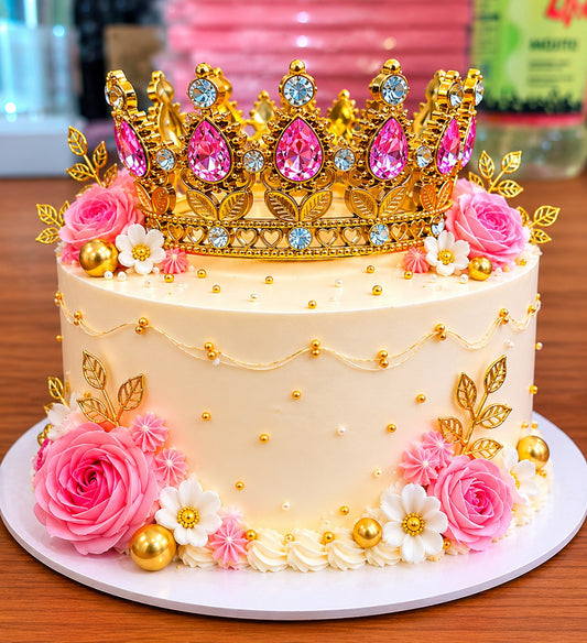 Golden crystal crown pink diamond cake topper