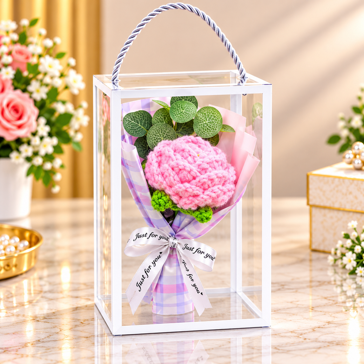 Handmade Crochet Light Pink Rose Bouquet Gift Box