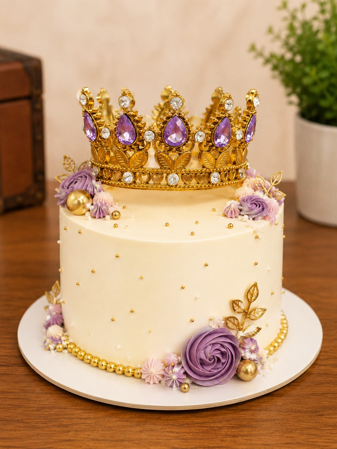Golden crystal crown light purple diamond cake topper