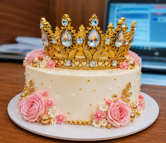 Golden crystal crown white diamond cake topper