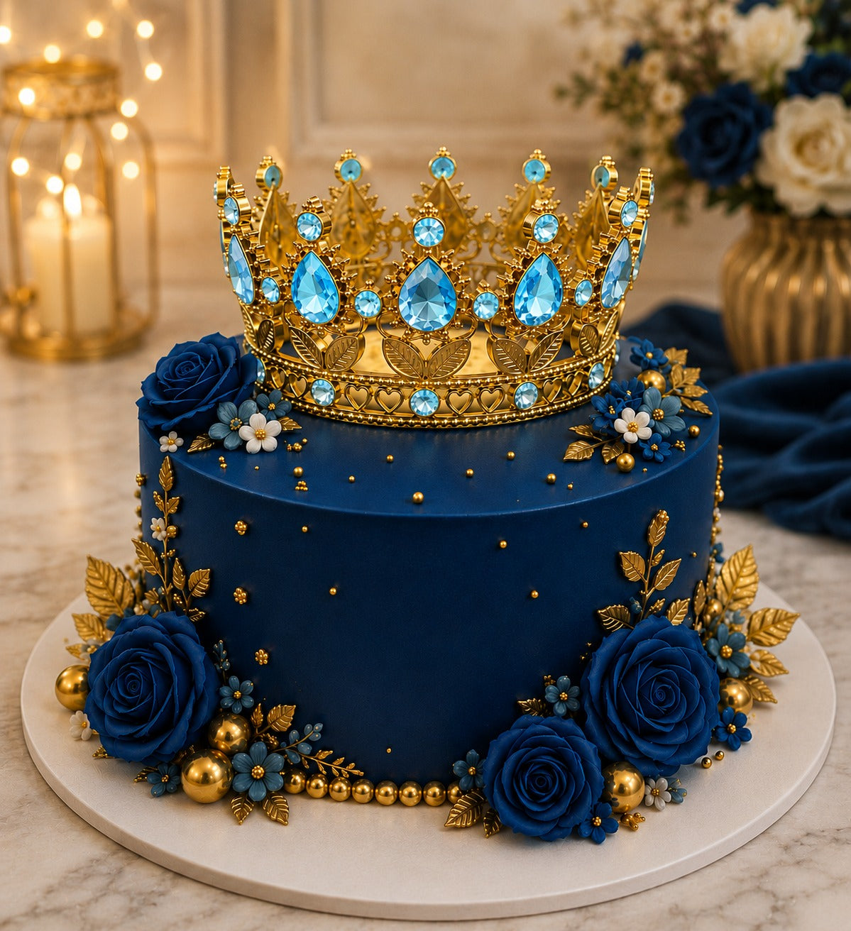 Golden crystal crown blue diamond cake topper