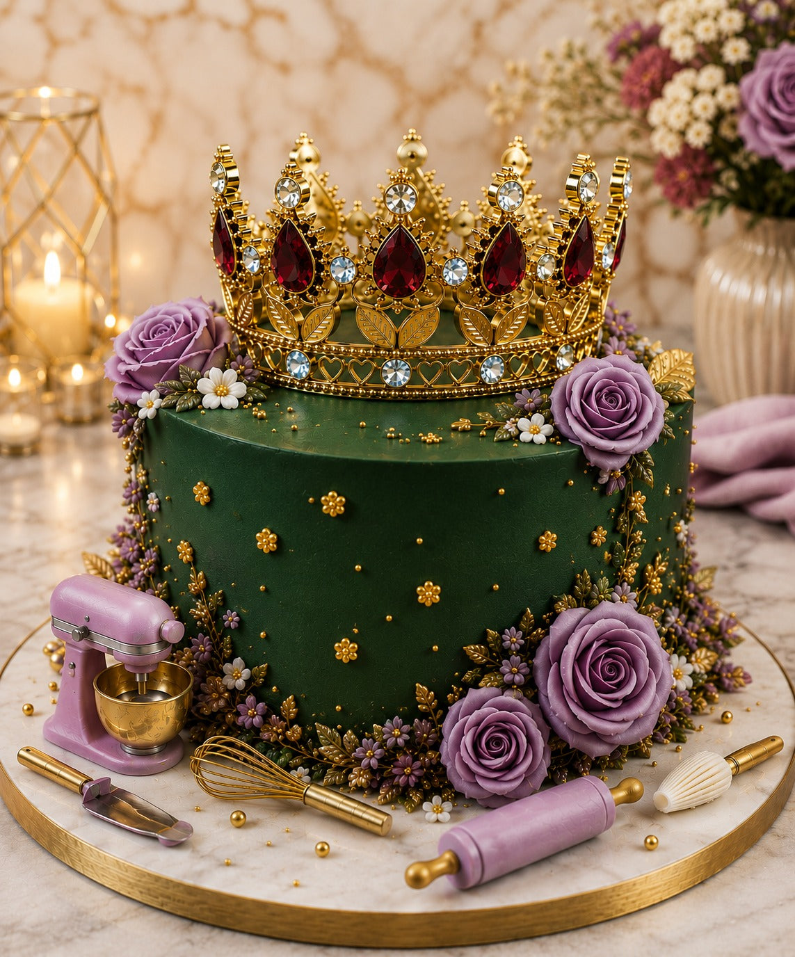 Golden crystal crown red diamond cake topper