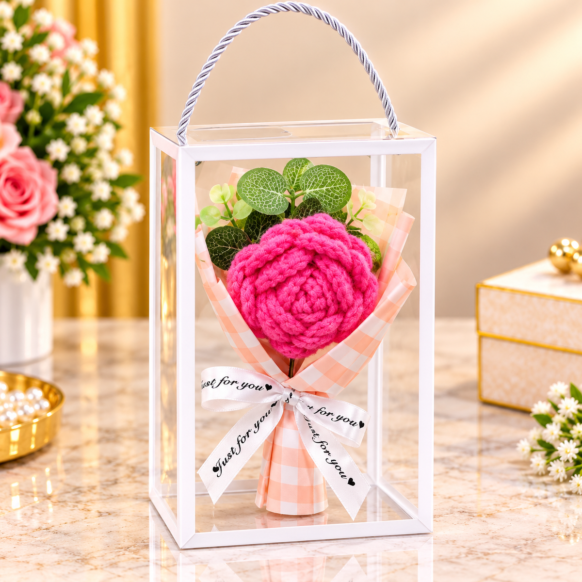 Handmade Crochet Hot Pink Rose Bouquet Gift Box
