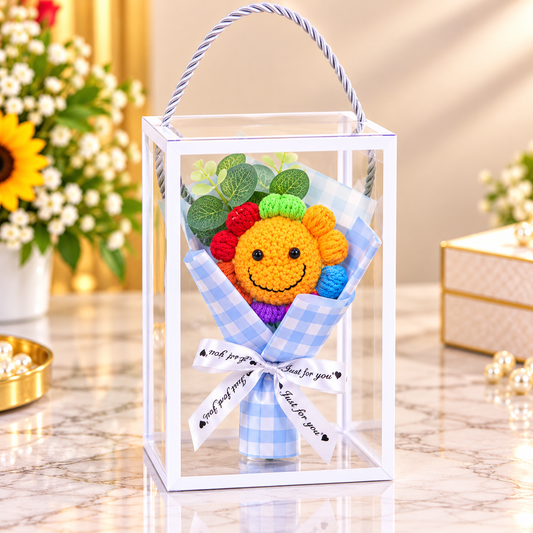 Handmade Crochet Rainbow Smiley Flower Bouquet Gift Box