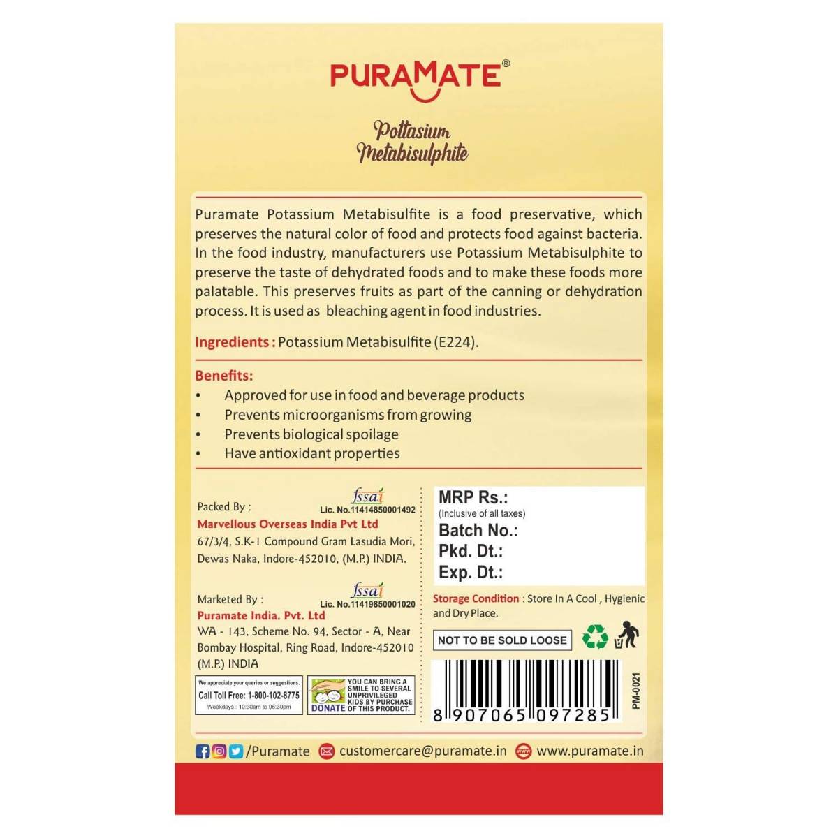 Puramate potassium metabisulphite
50gm